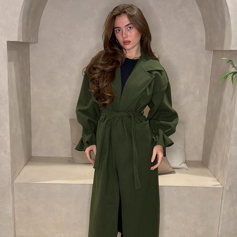 Belted Long Balloon Sleeve Jacket